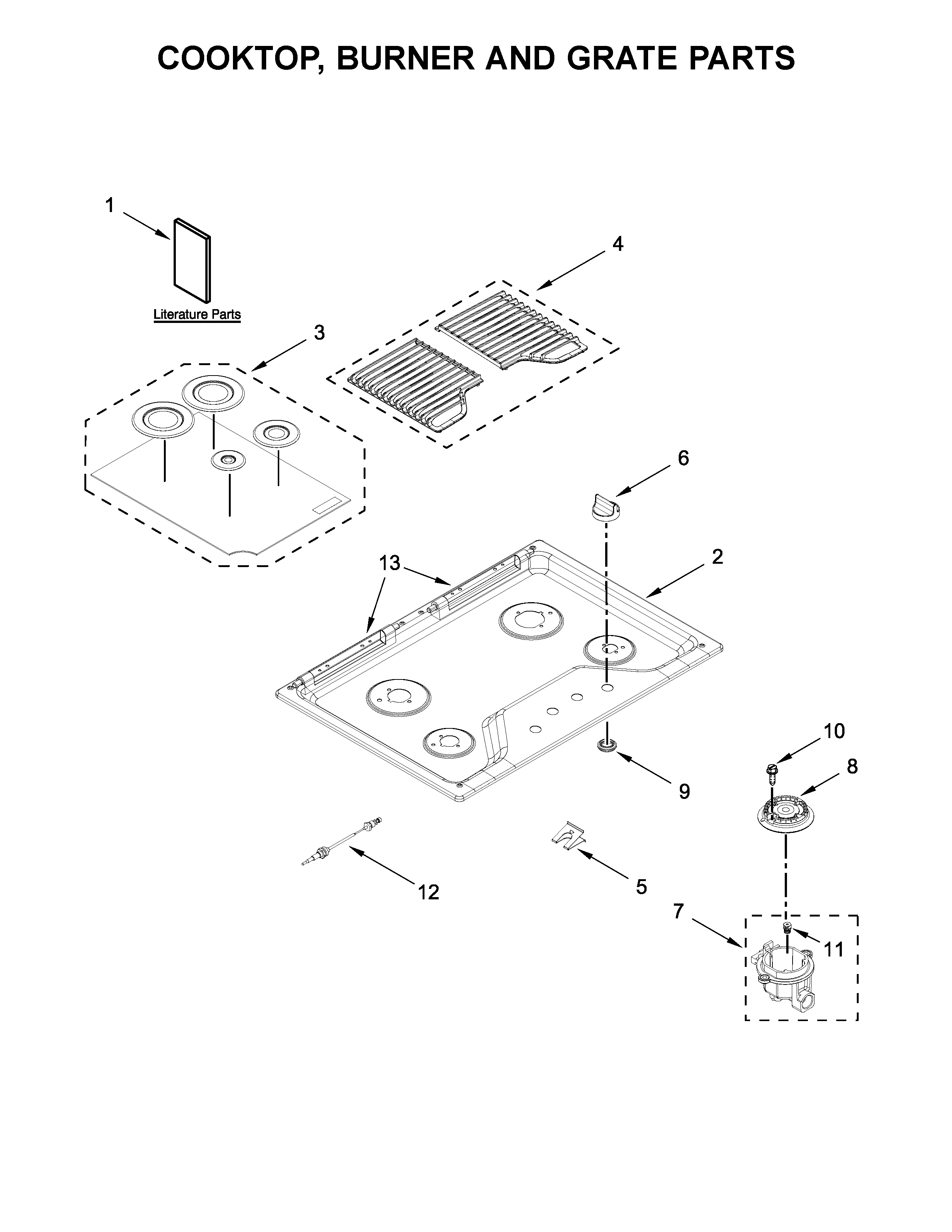 Cooktop, burner and grate parts