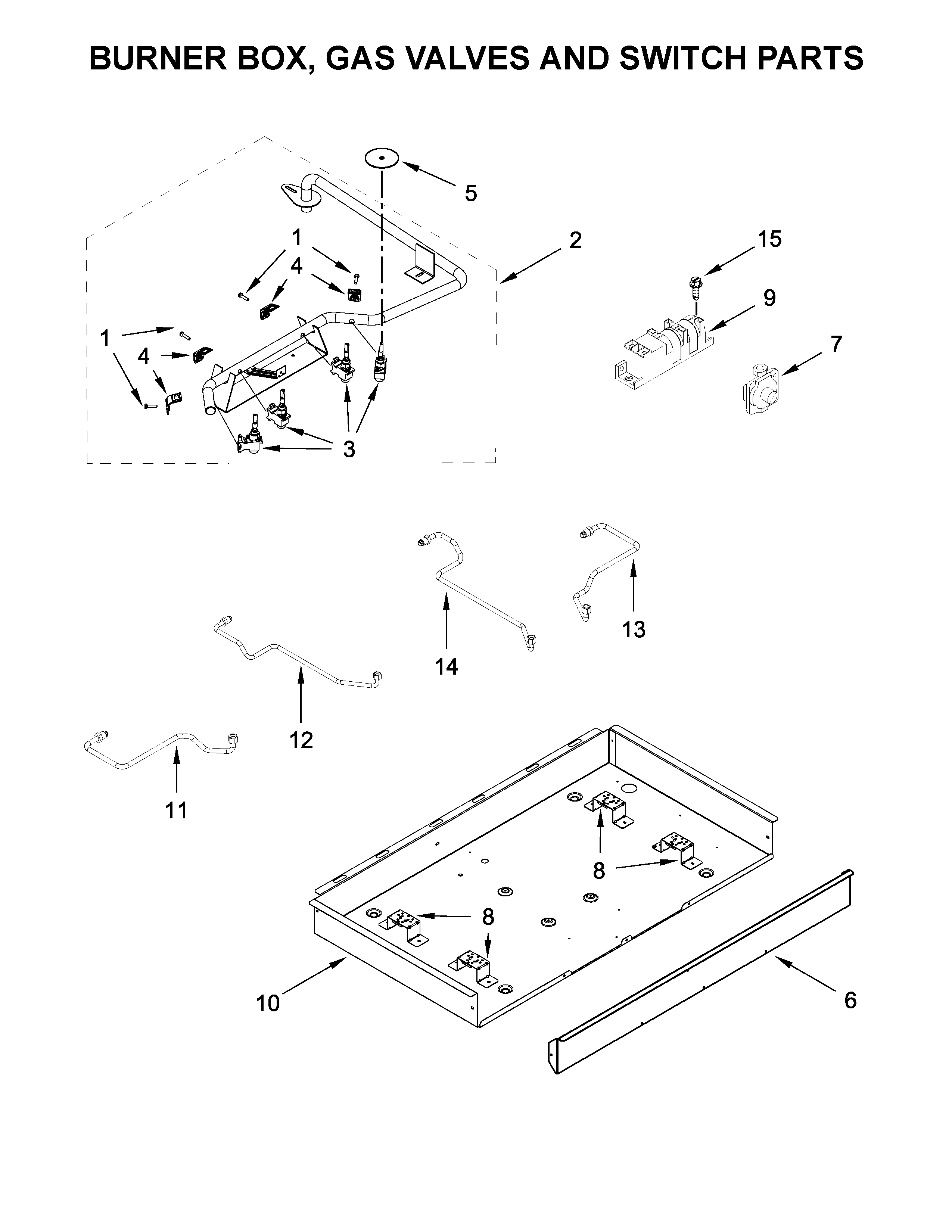 Burner box, gas valves and switch parts