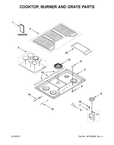 Cooktop, burner and grate parts