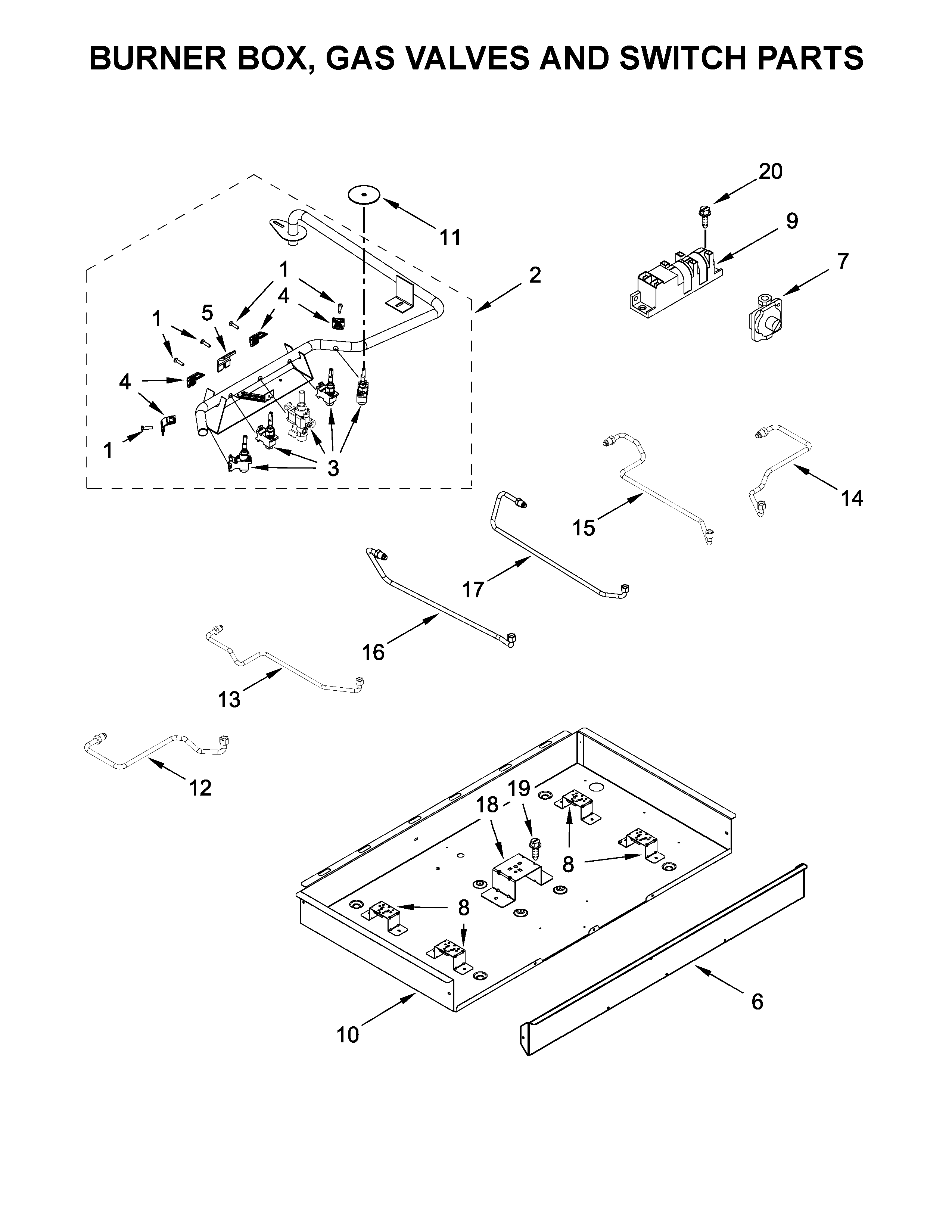 BURNER BOX, GAS VALVES AND SWITCH PARTS