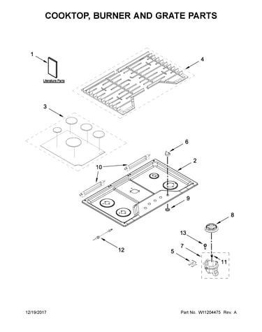 Cooktop, burner and grate parts