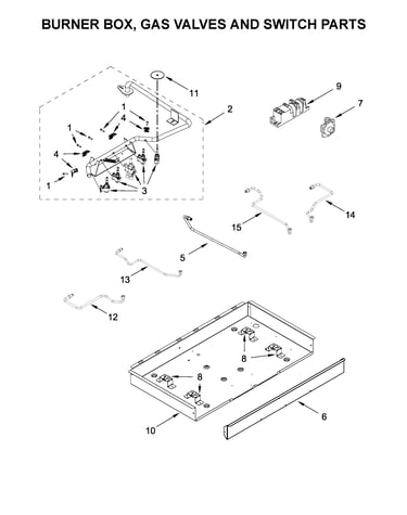 Burner box, gas valves and switch parts