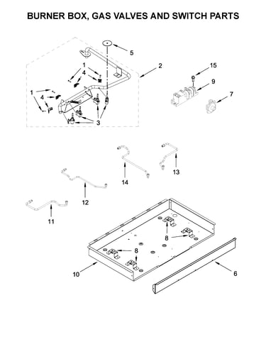 Burner box, gas valves and switch parts