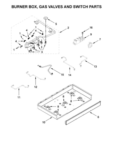Burner box, gas valves and switch parts