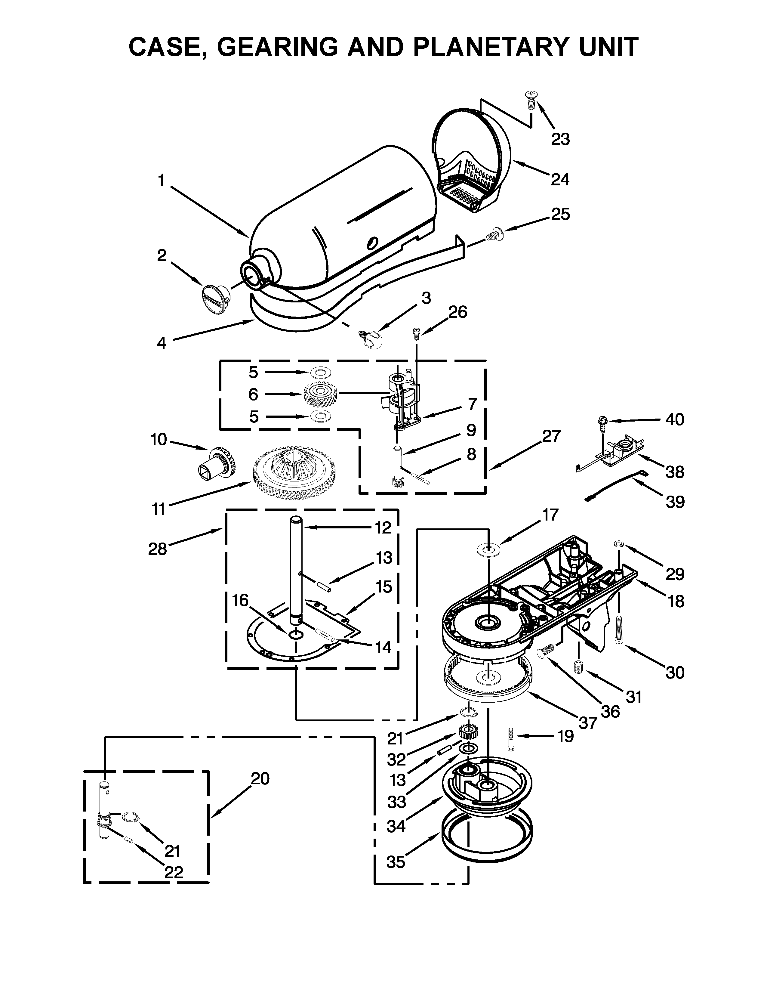 Case, gearing and planetary unit