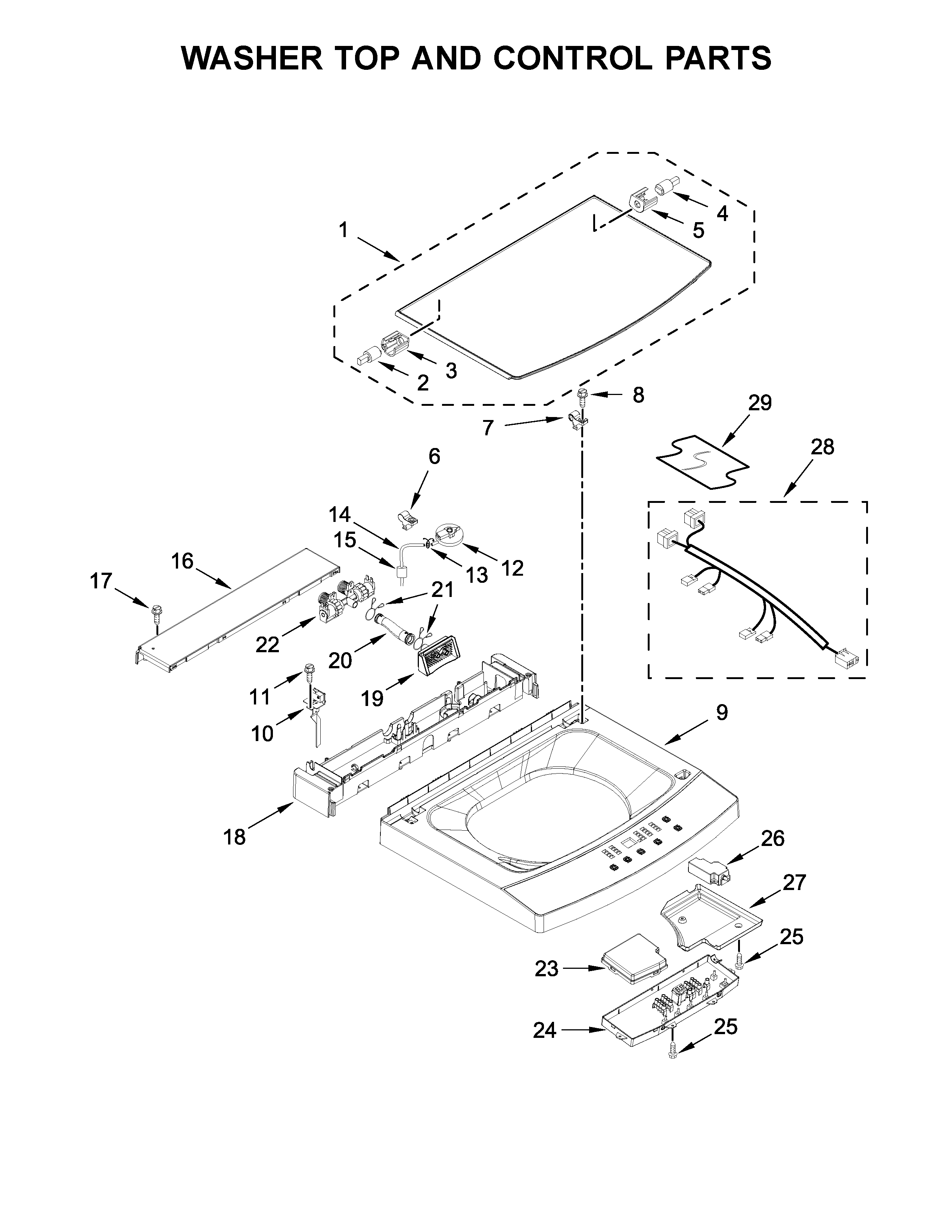 Washer top and control parts