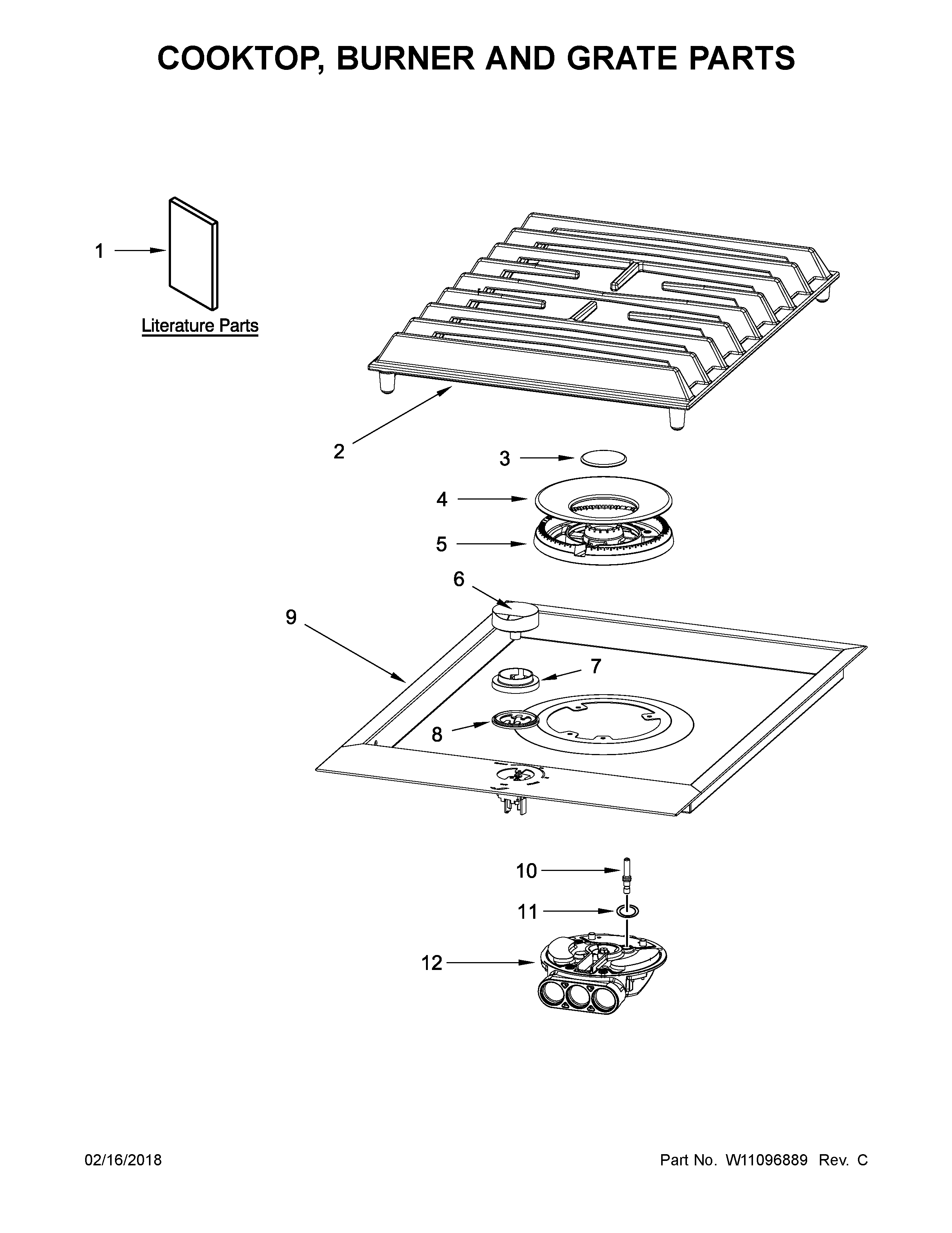 Cooktop, burner and grate parts