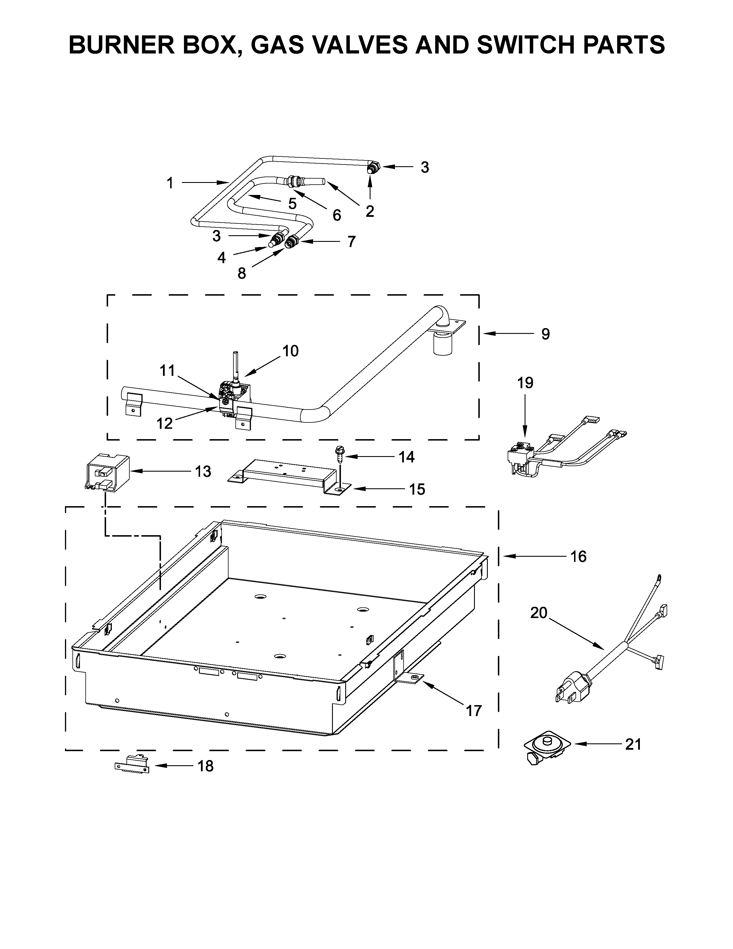 BURNER BOX, GAS VALVES AND SWITCH PARTS