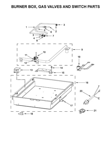 Burner box, gas valves and switch parts