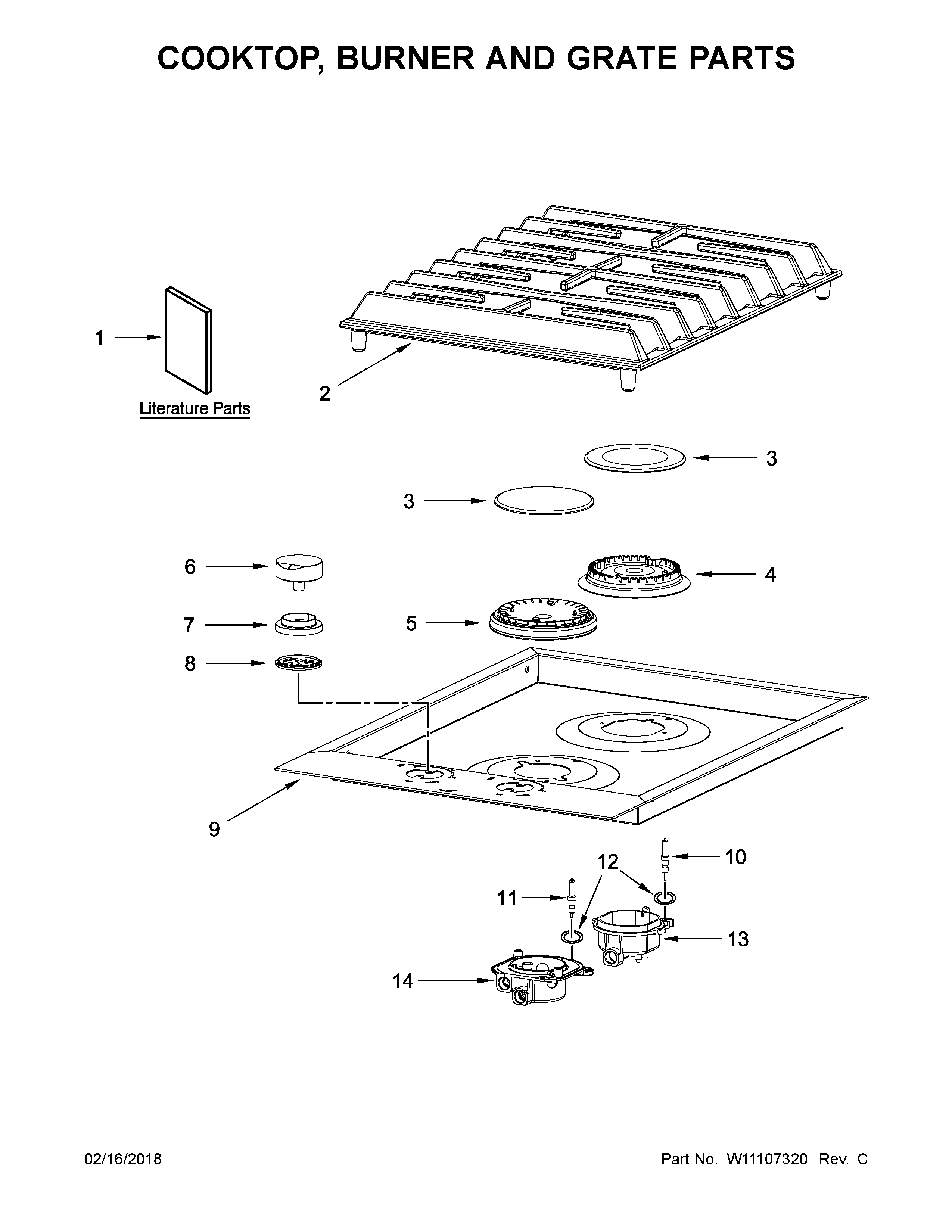 Cooktop, burner and grate parts