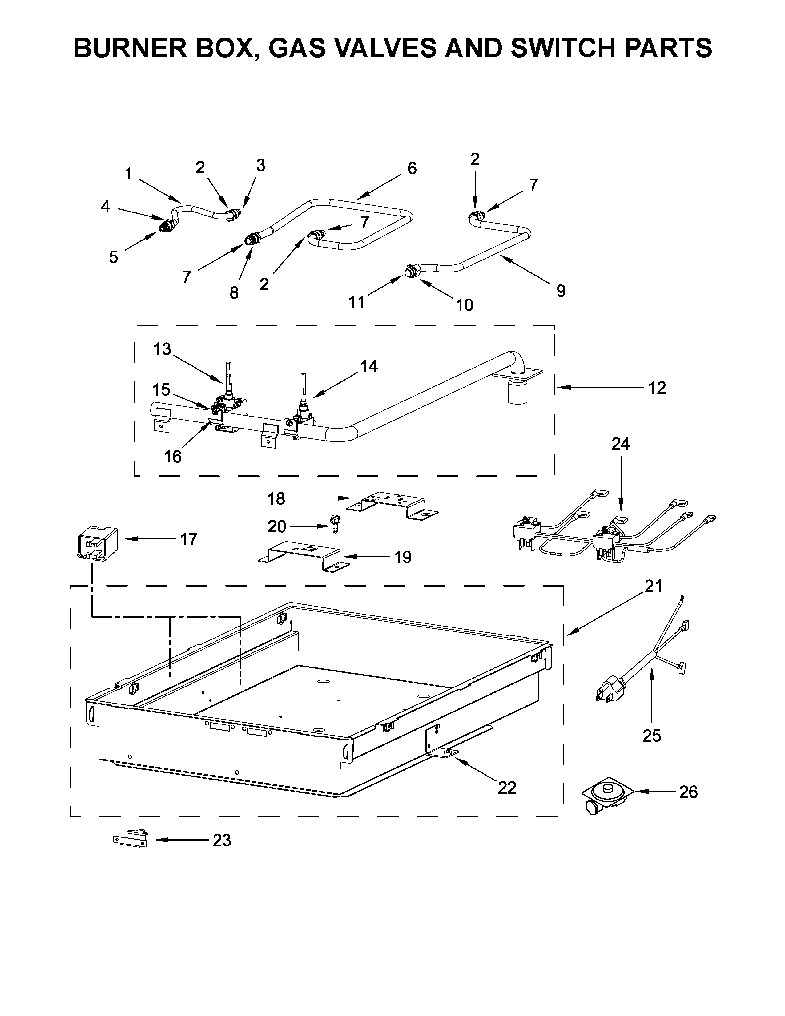 Burner box, gas valves and switch parts
