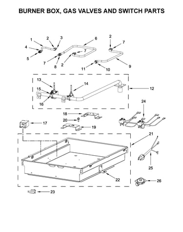 Burner box, gas valves and switch parts