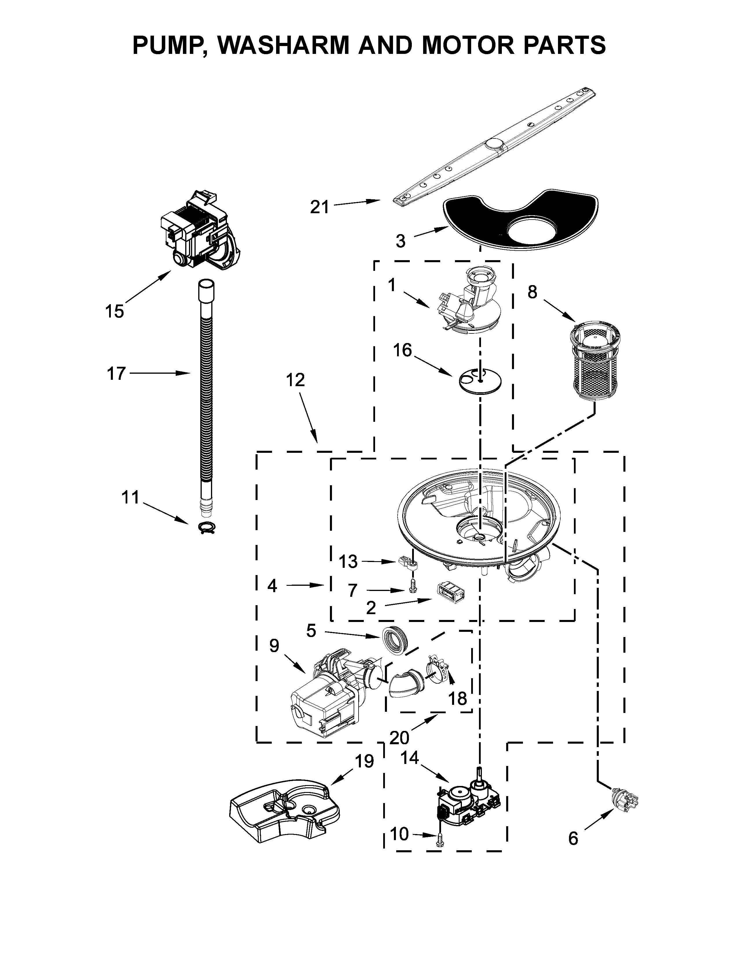 Pump, washarm and motor parts