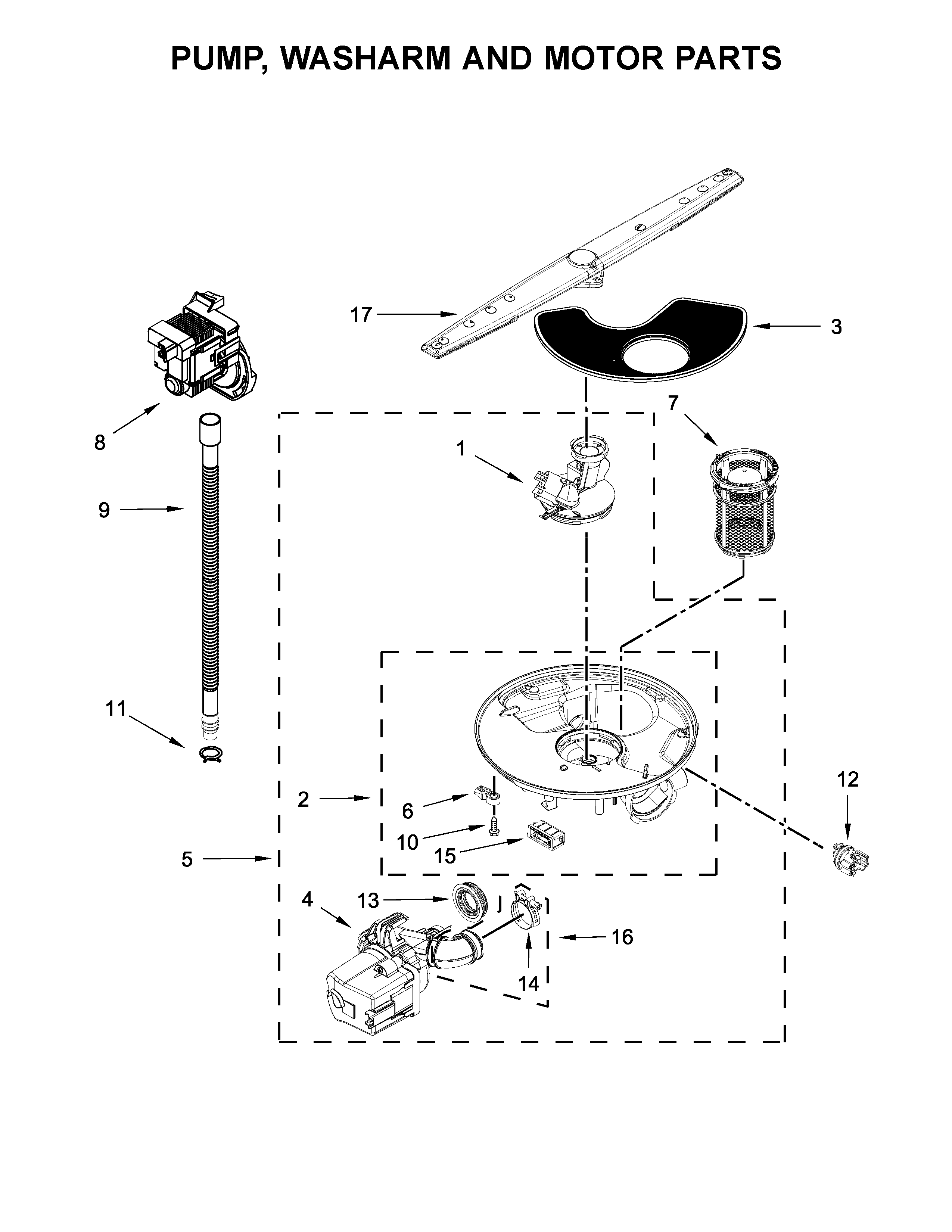 Pump, washarm and motor parts