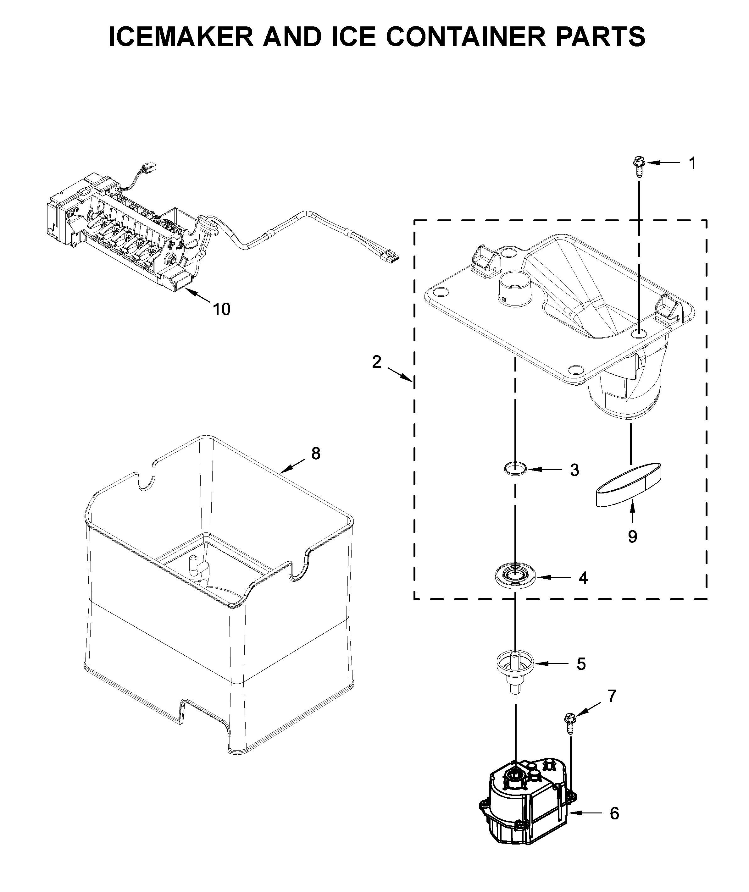 Icemaker and ice container parts