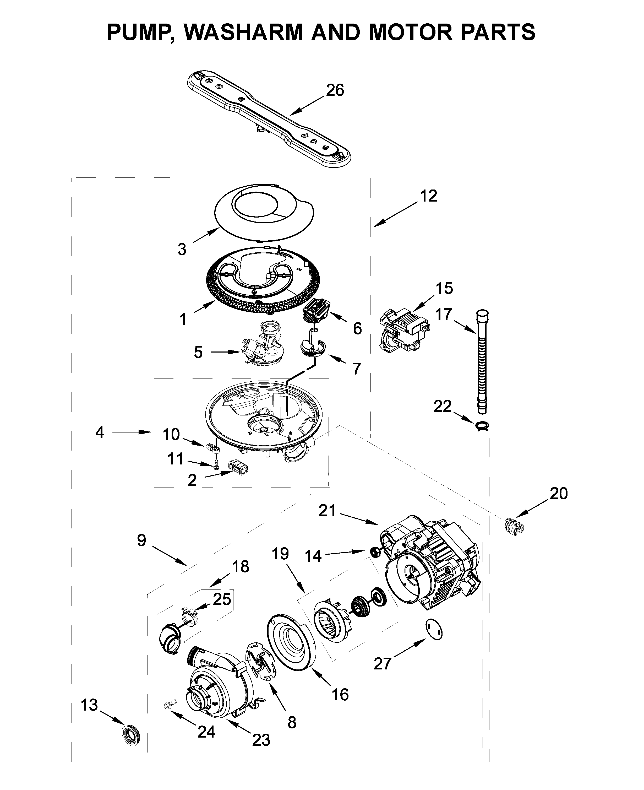 Pump, washarm and motor parts
