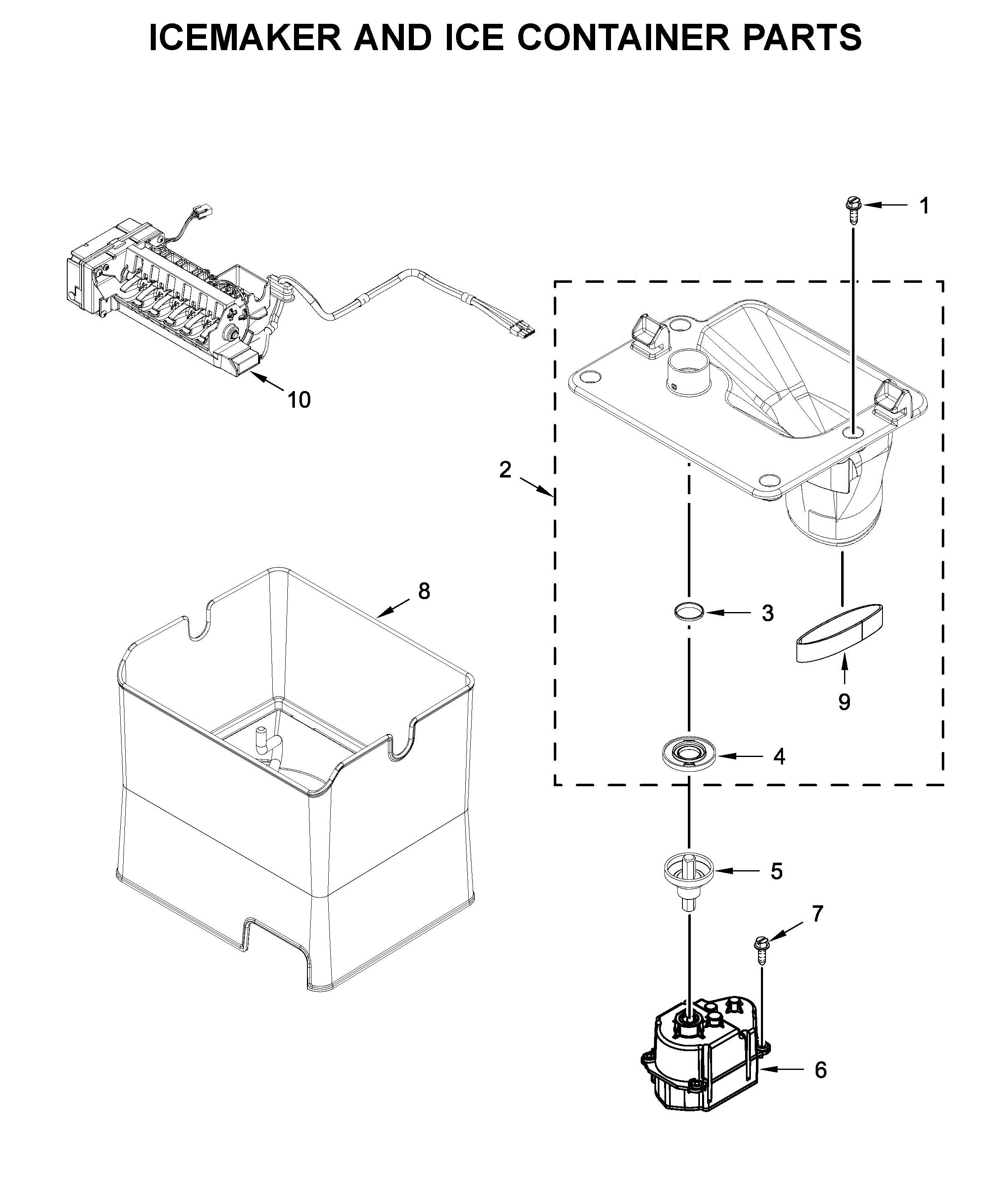 Icemaker and ice container parts