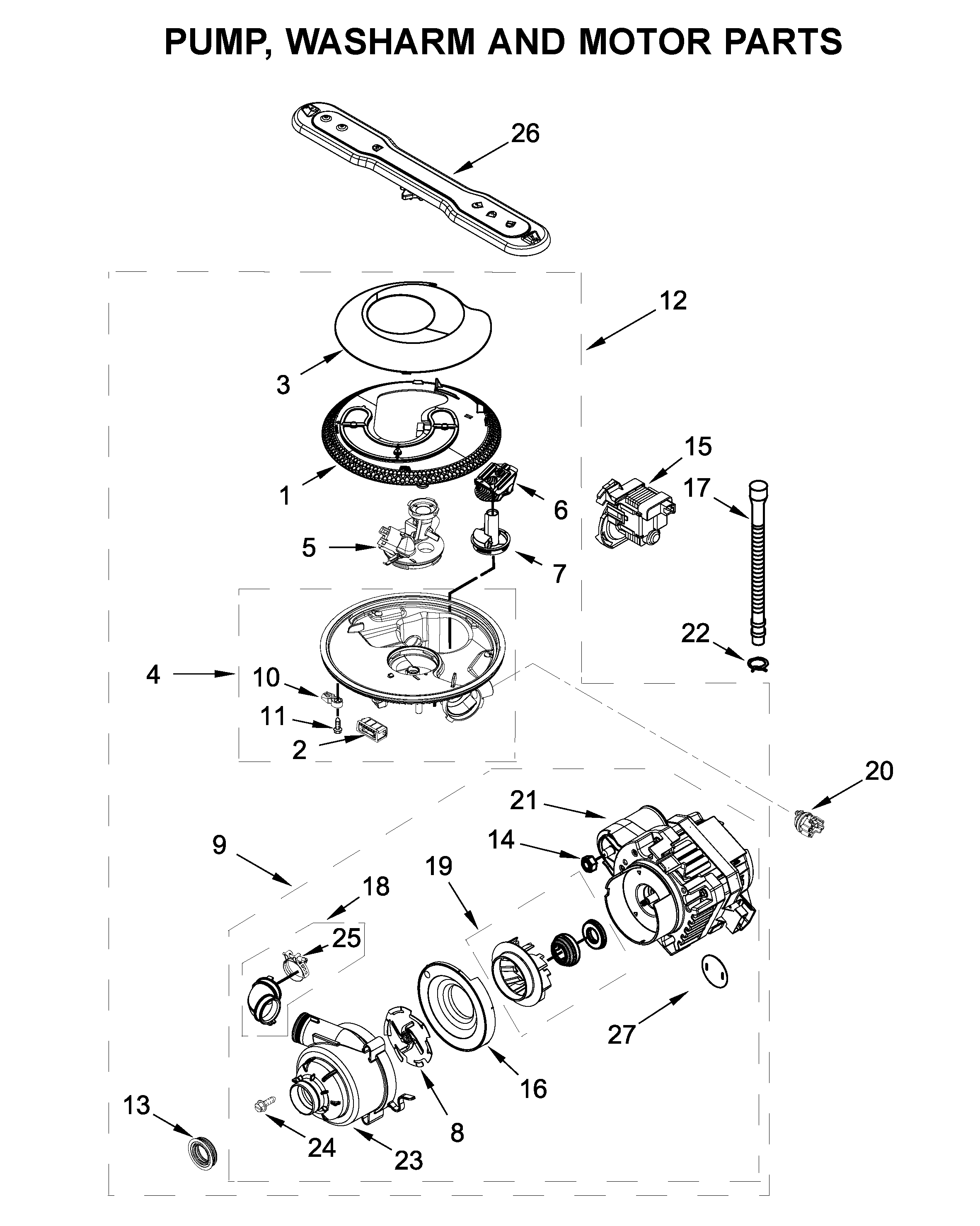Pump, washarm and motor parts