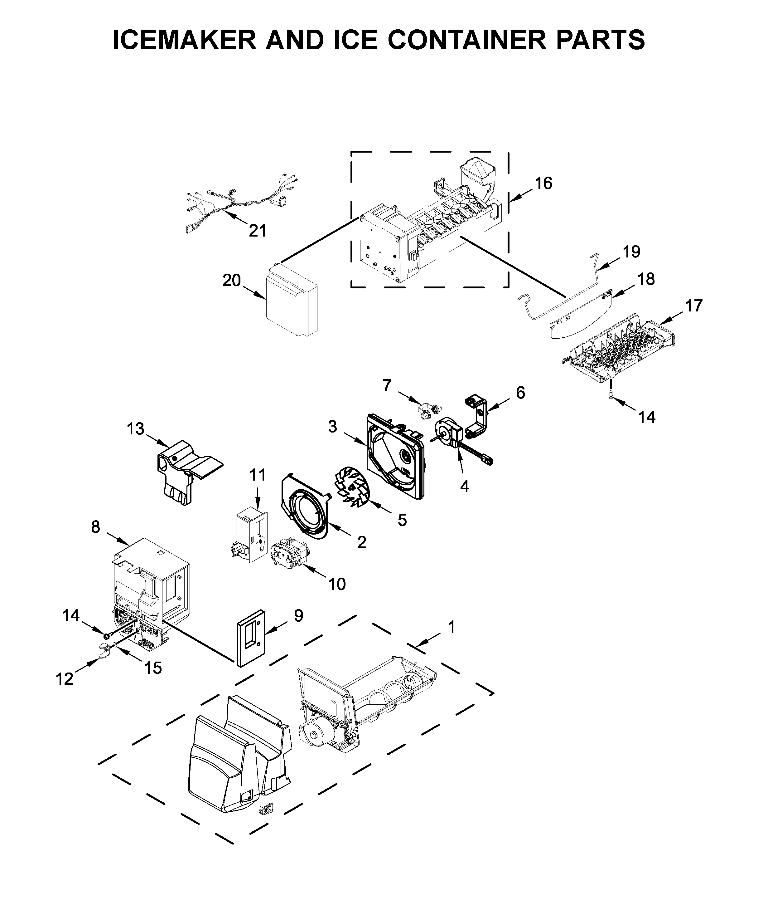 Icemaker and ice container parts