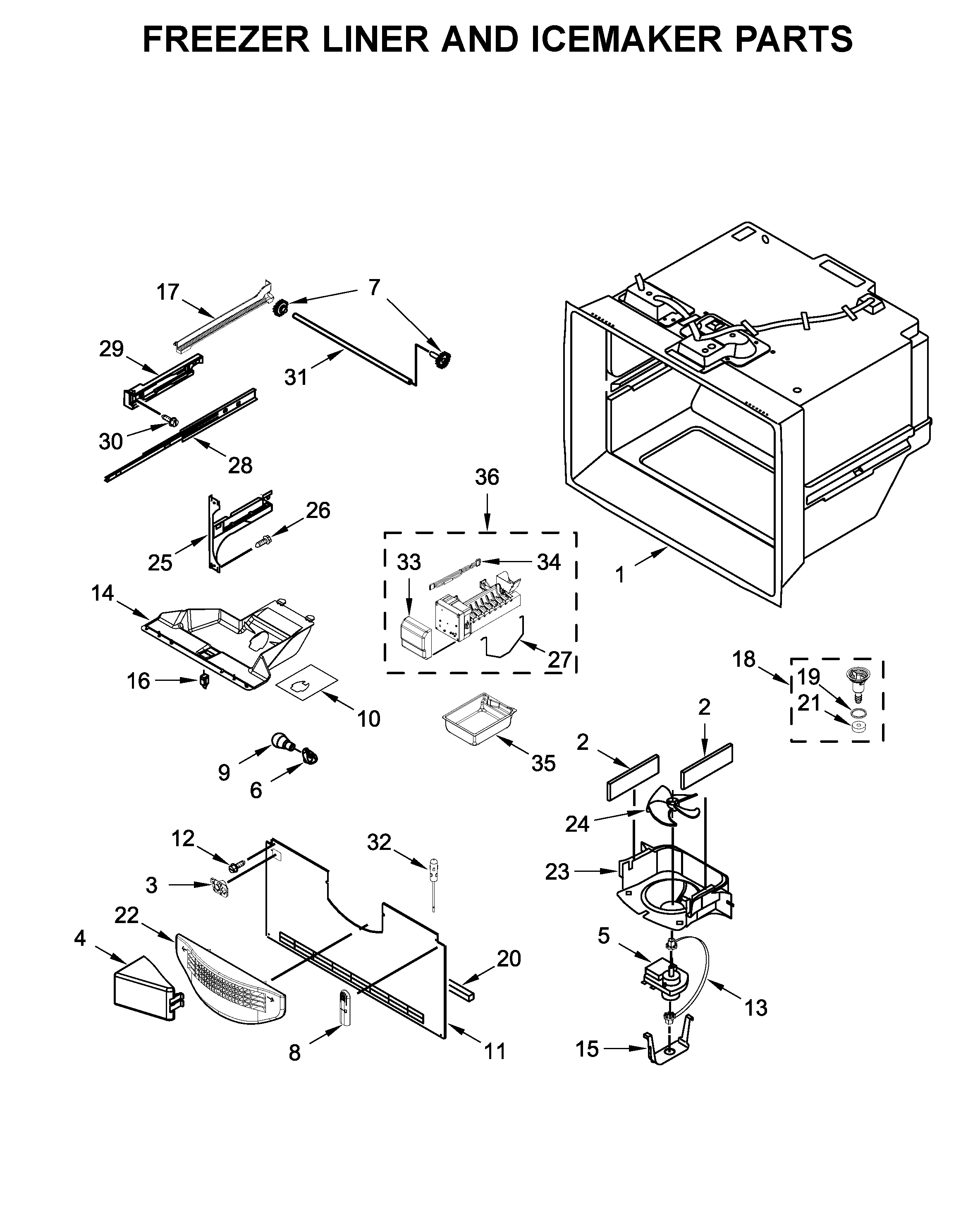 Freezer liner and icemaker parts