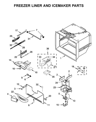 Freezer liner and icemaker parts