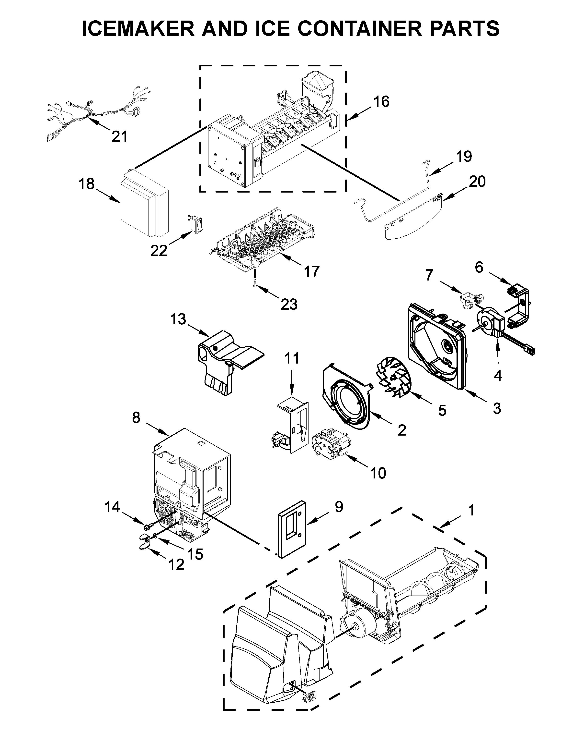Icemaker and ice container parts