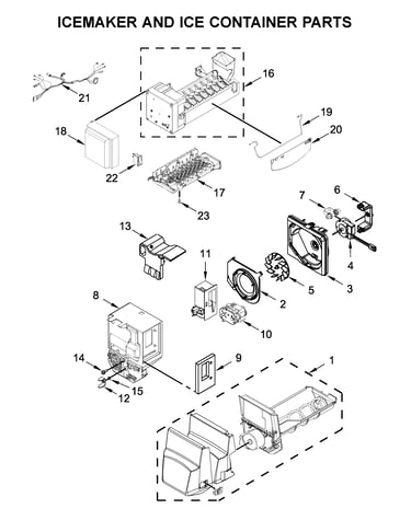 Icemaker and ice container parts