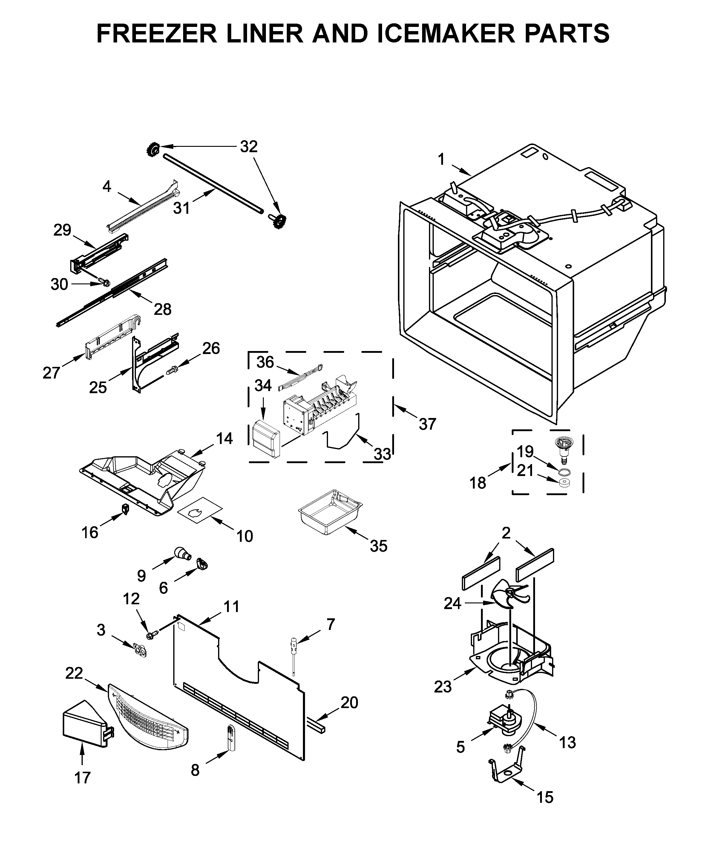 Freezer liner and icemaker parts