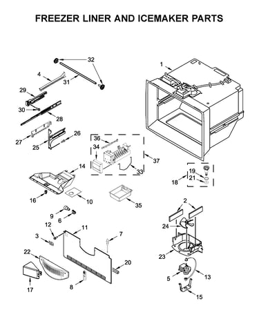 Freezer liner and icemaker parts