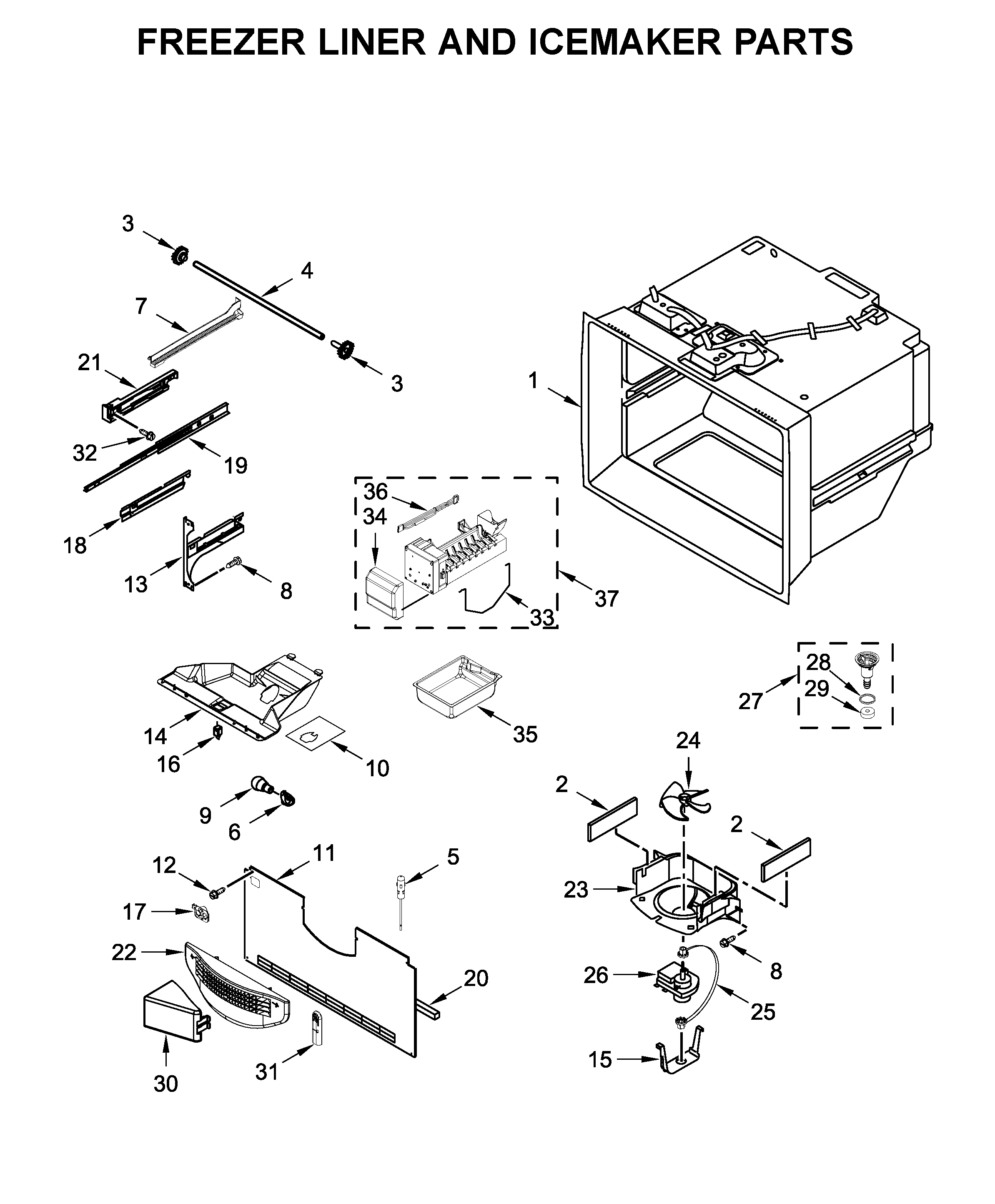 Freezer liner and icemaker parts