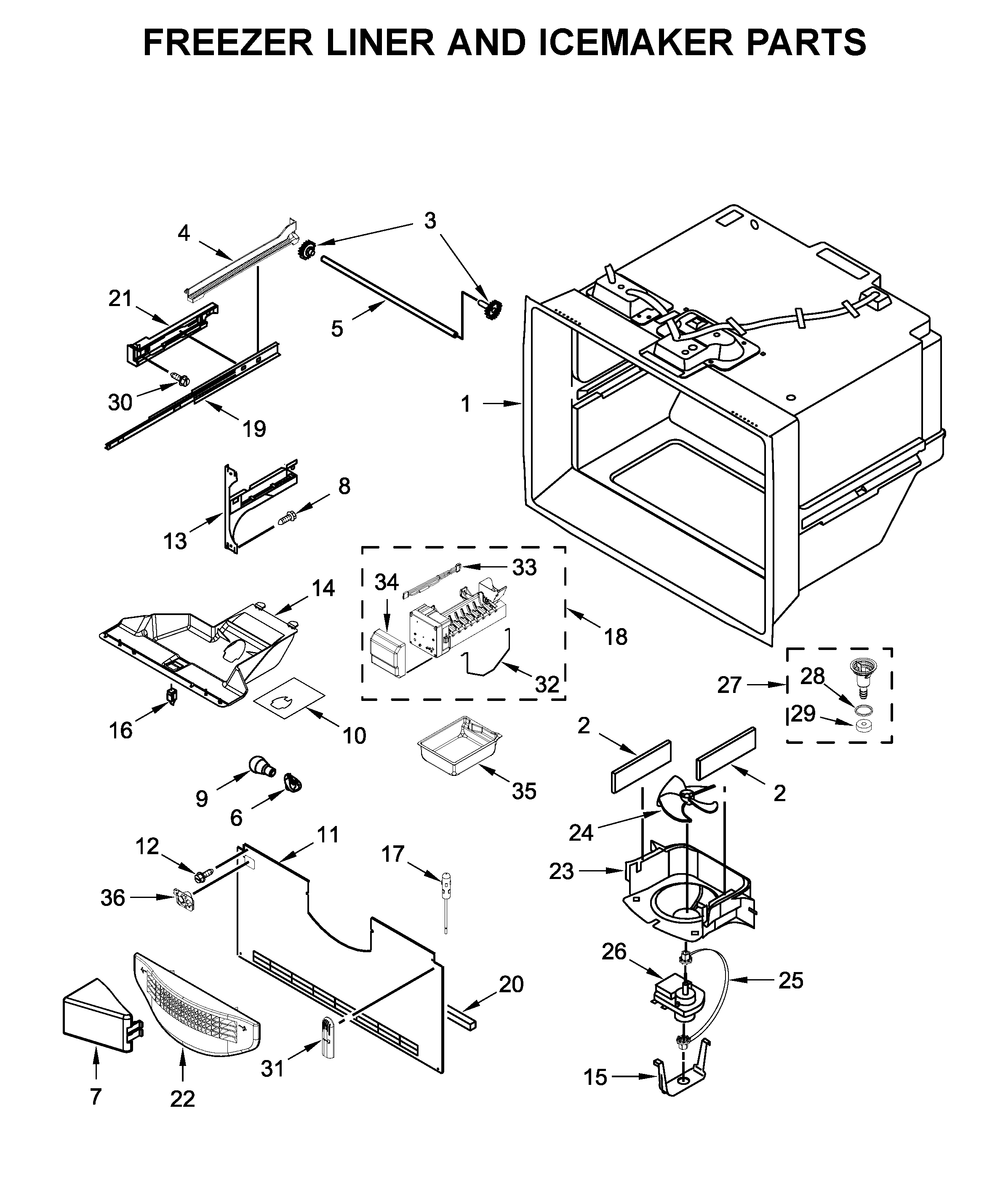 Freezer liner and icemaker parts