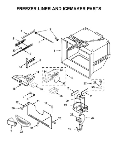 Freezer liner and icemaker parts