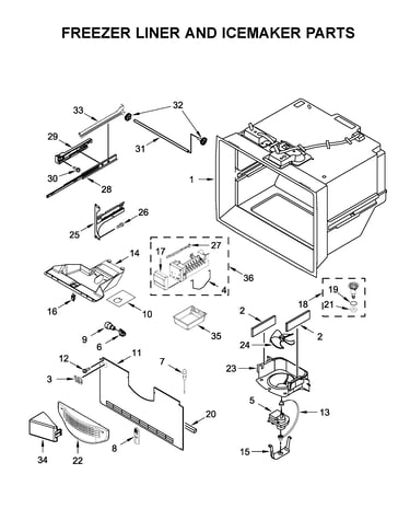 Freezer liner and icemaker parts