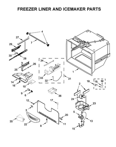 Freezer liner and icemaker parts