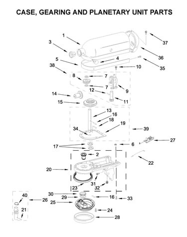 Case, gearing and planetary unit parts