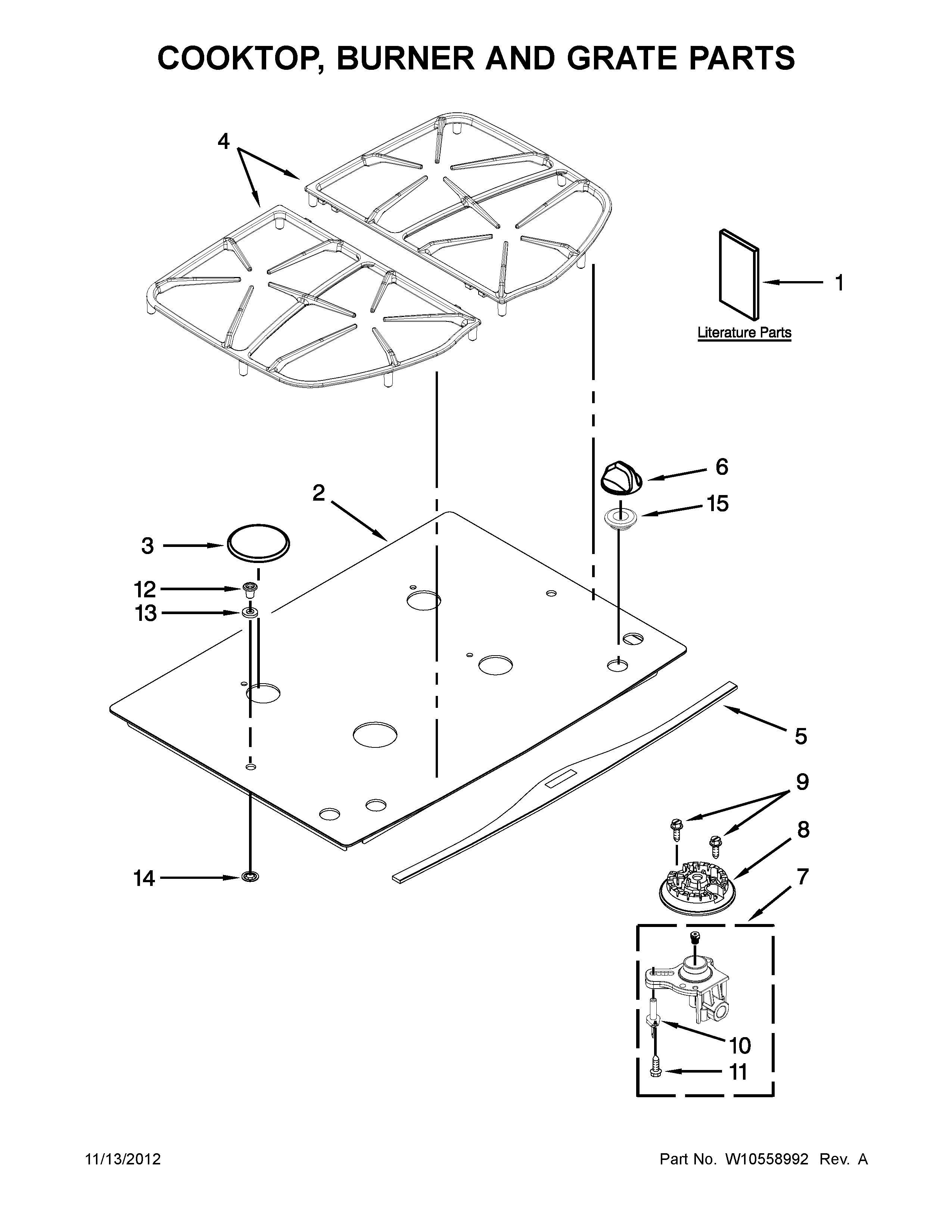 Cooktop, burner and grate parts