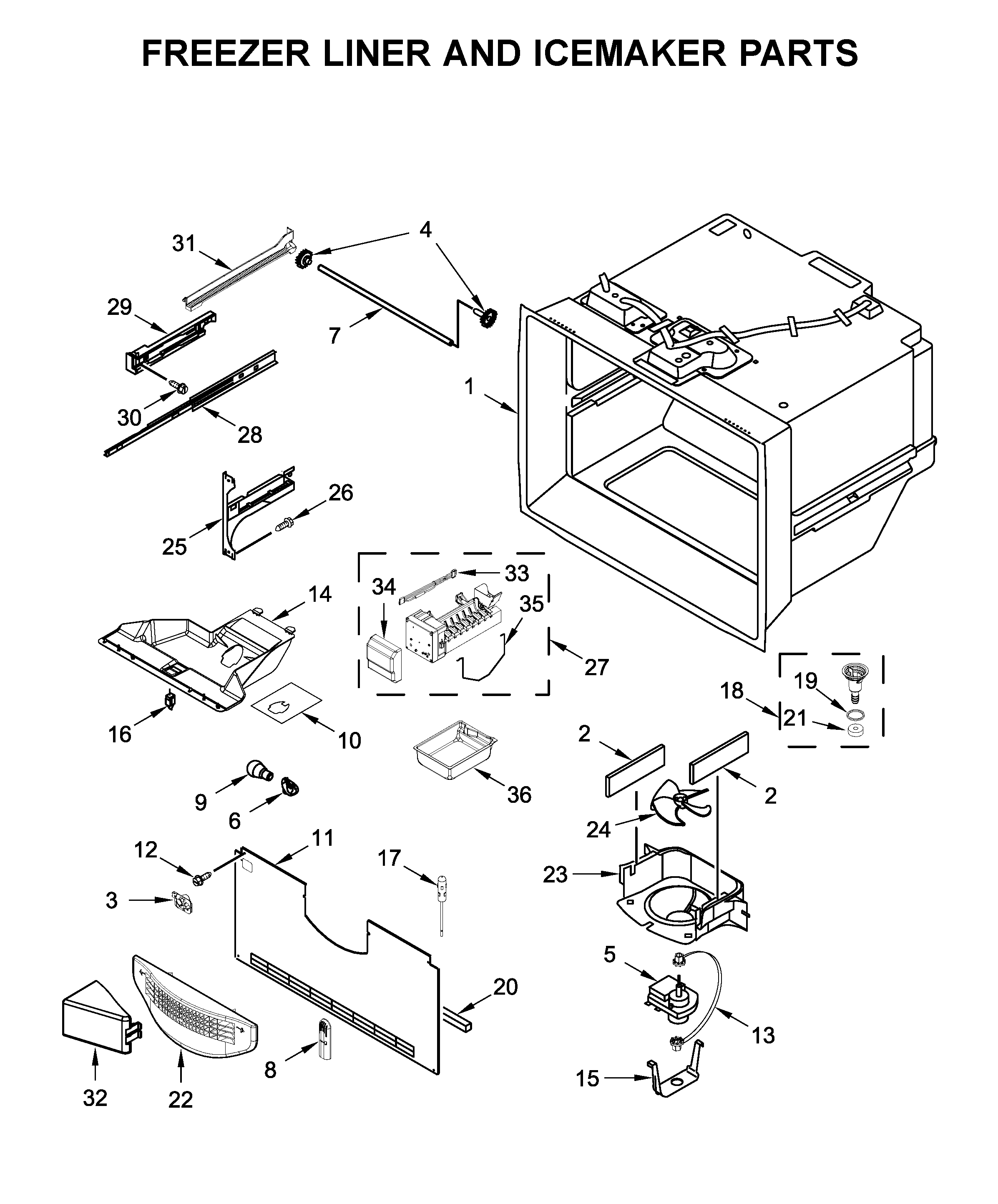 Freezer liner and icemaker parts