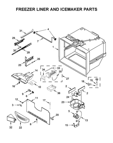 Freezer liner and icemaker parts