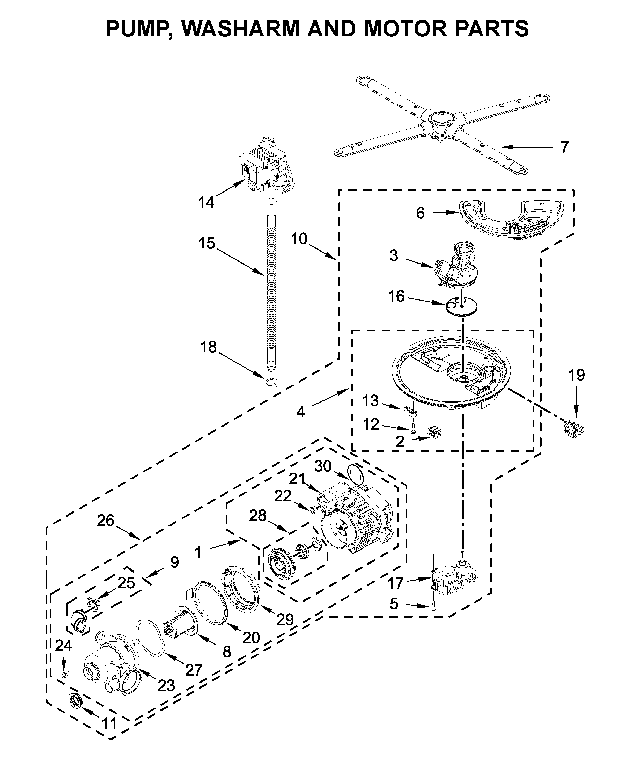 Pump, washarm and motor parts