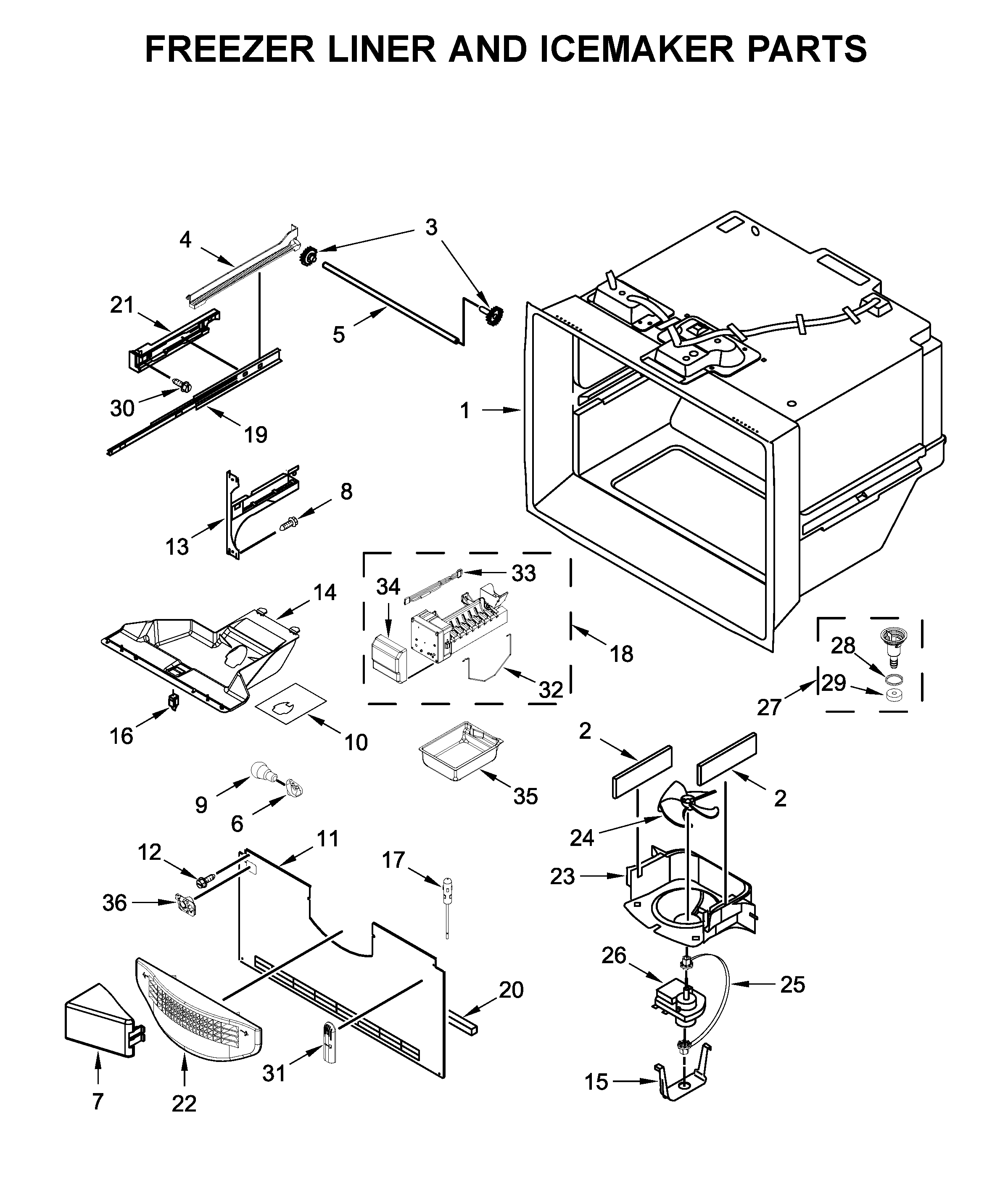 Freezer liner and icemaker parts