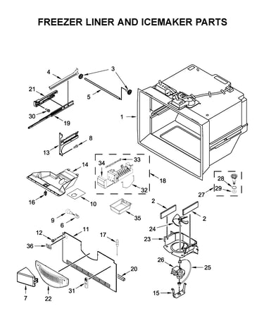 Freezer liner and icemaker parts