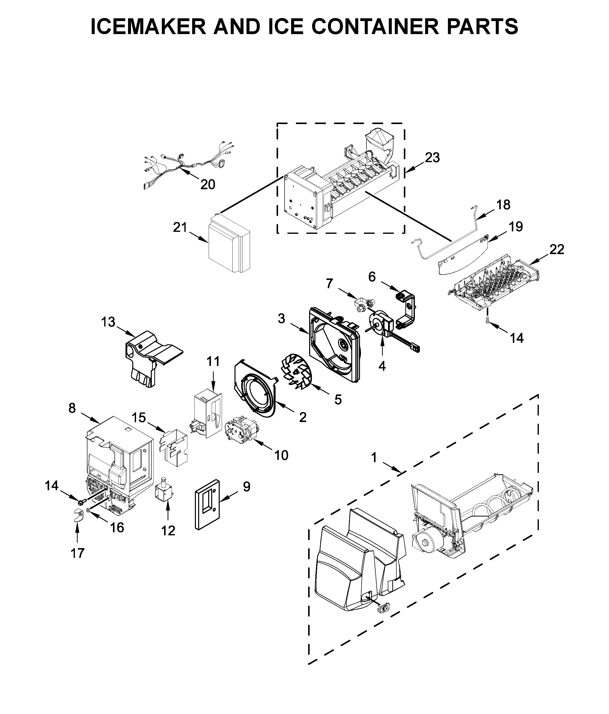 Icemaker and ice container parts