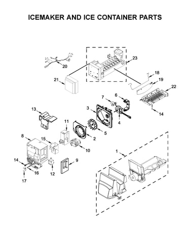 Icemaker and ice container parts