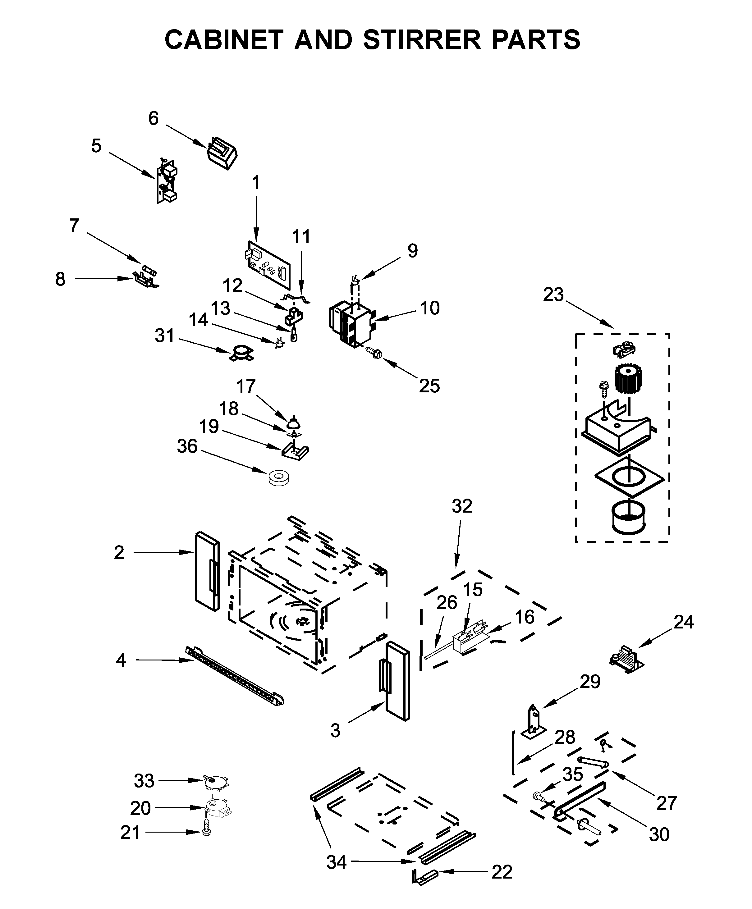 Cabinet and stirrer parts