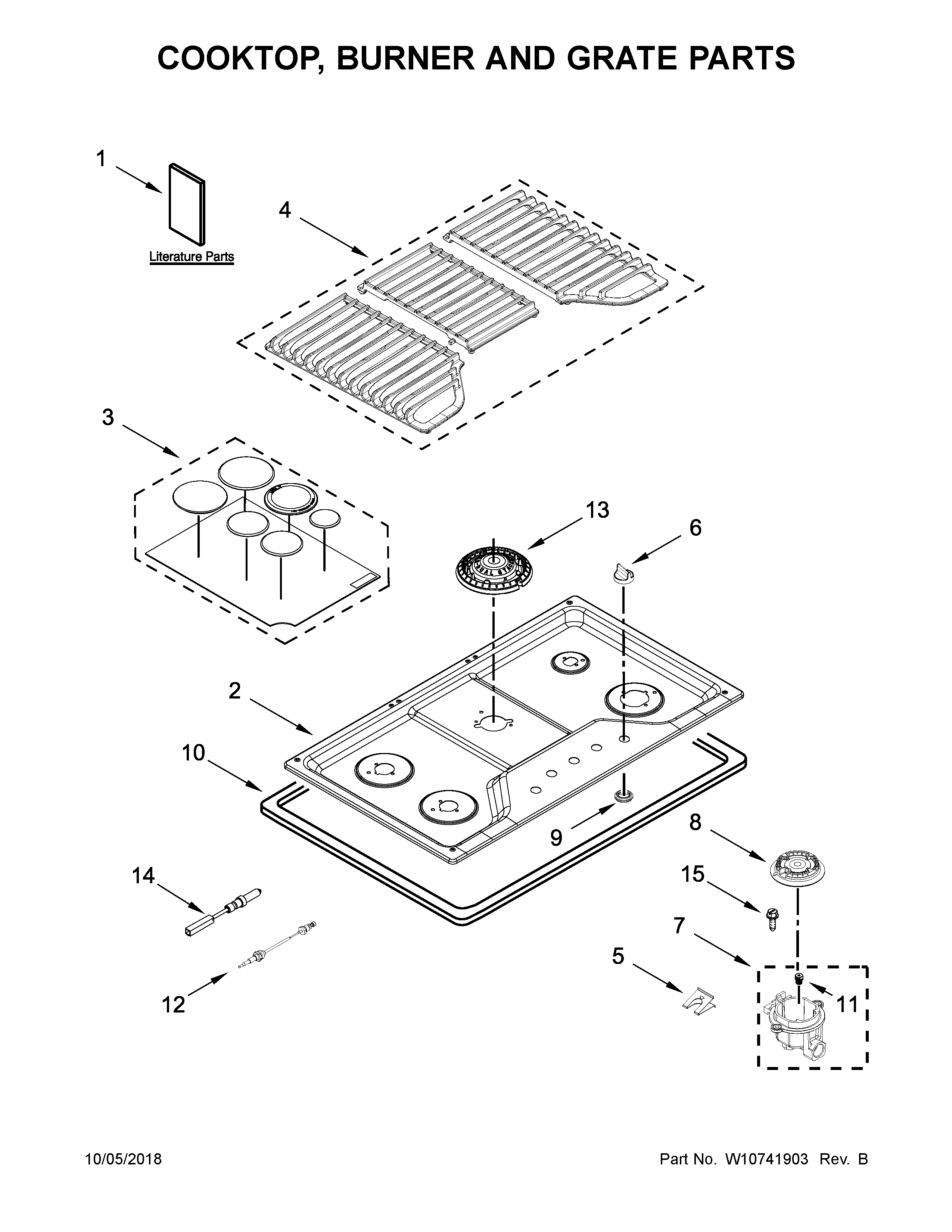 Cooktop, burner and grate parts