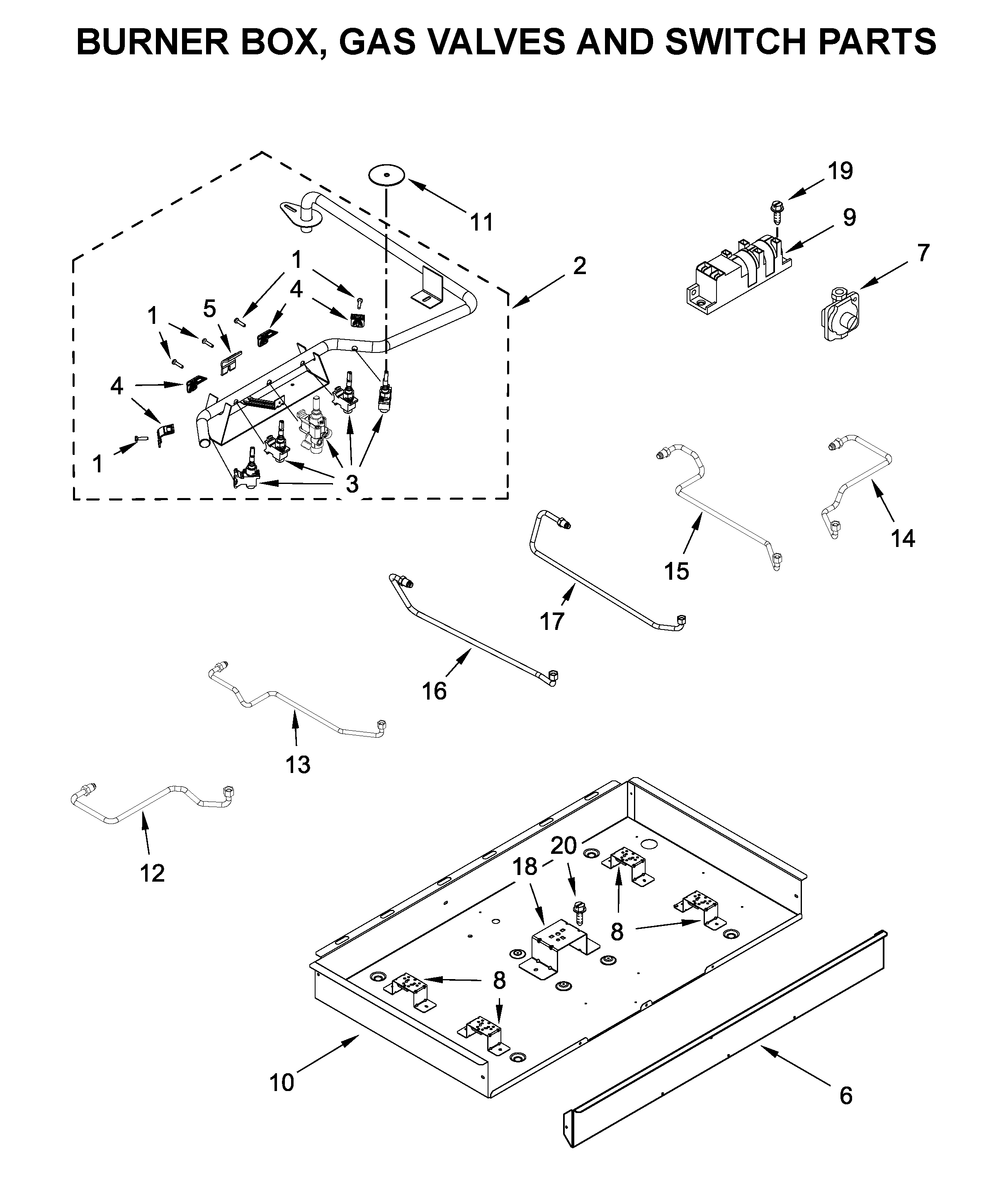 Burner box, gas valves and switch parts