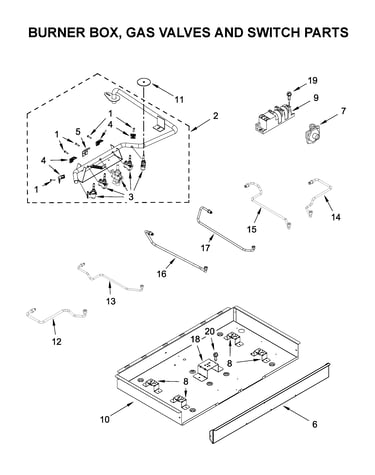 Burner box, gas valves and switch parts