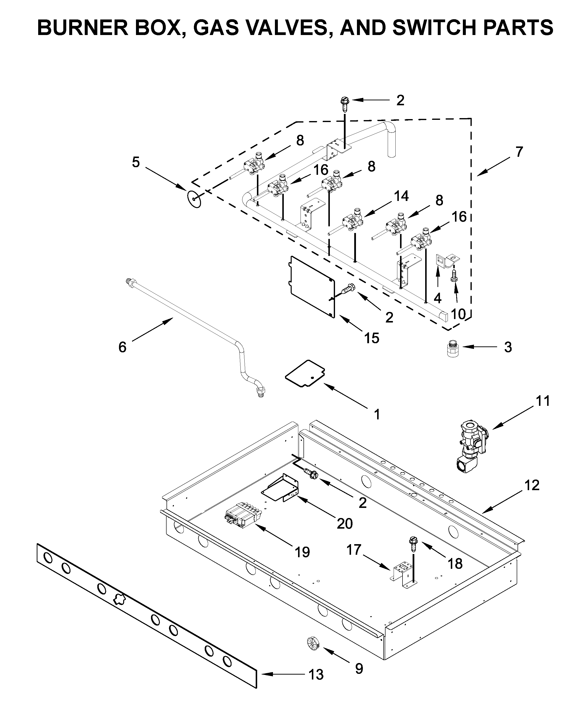 Burner box, gas valves, and switch parts