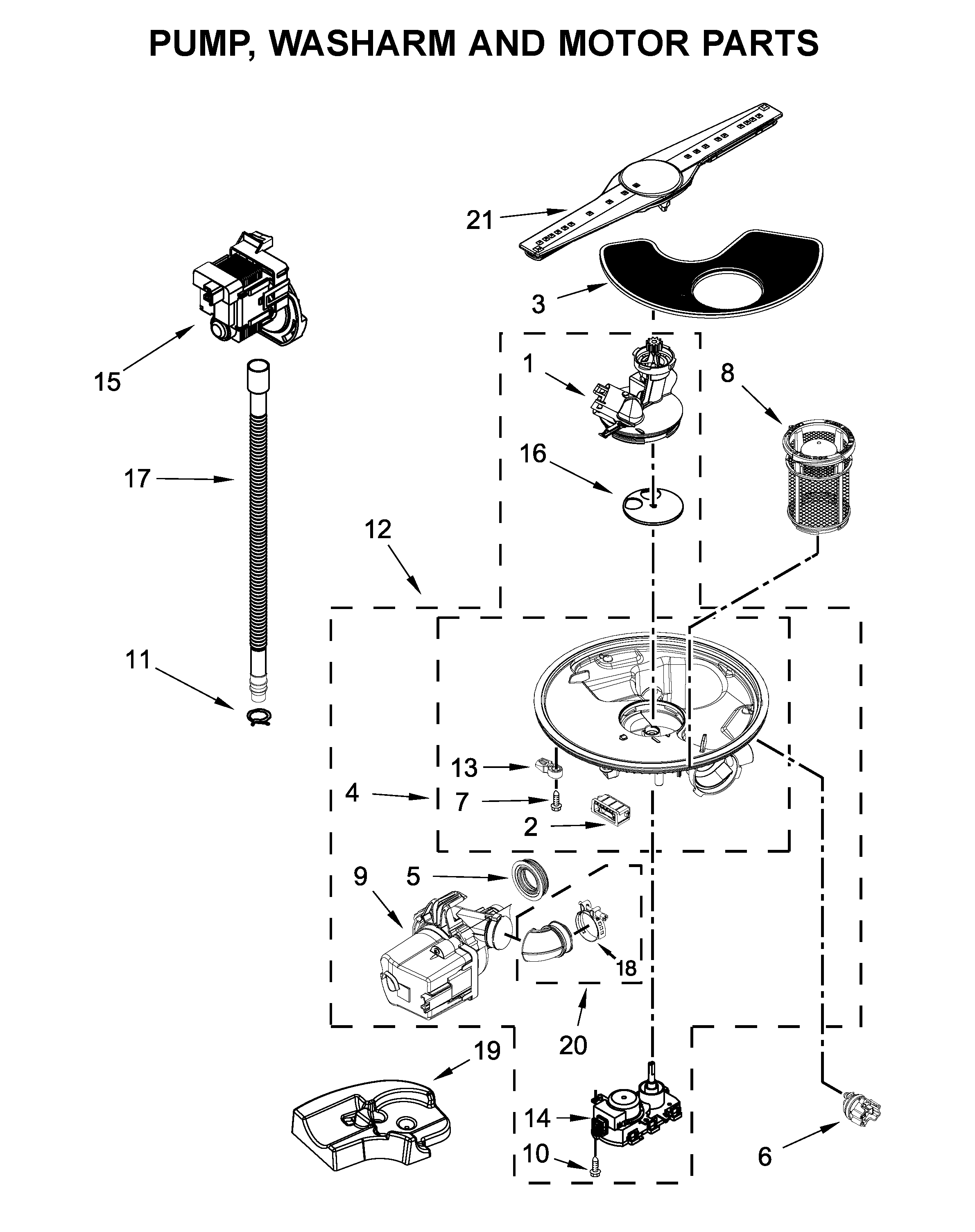 Pump, washarm and motor parts