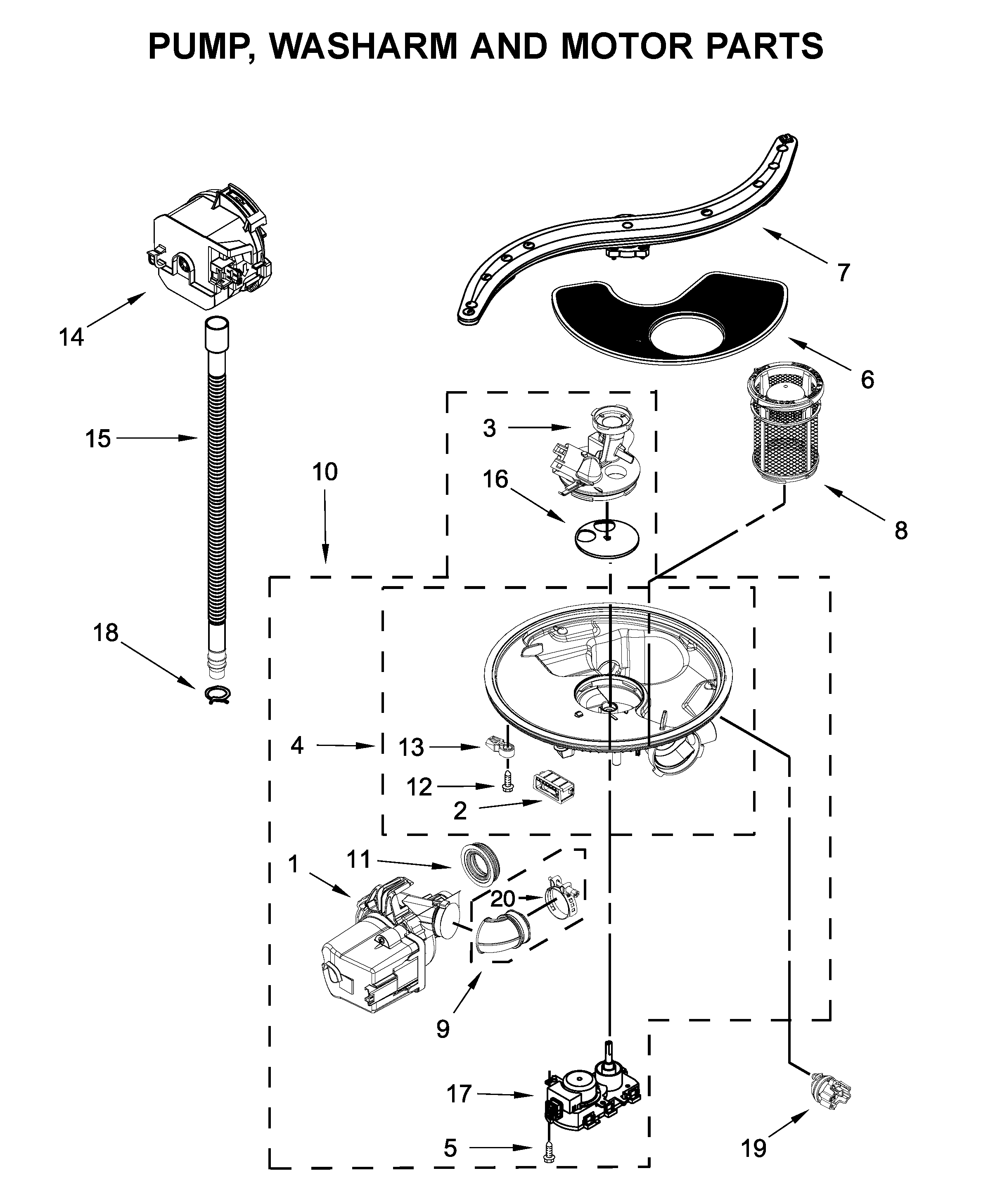 Pump, washarm and motor parts